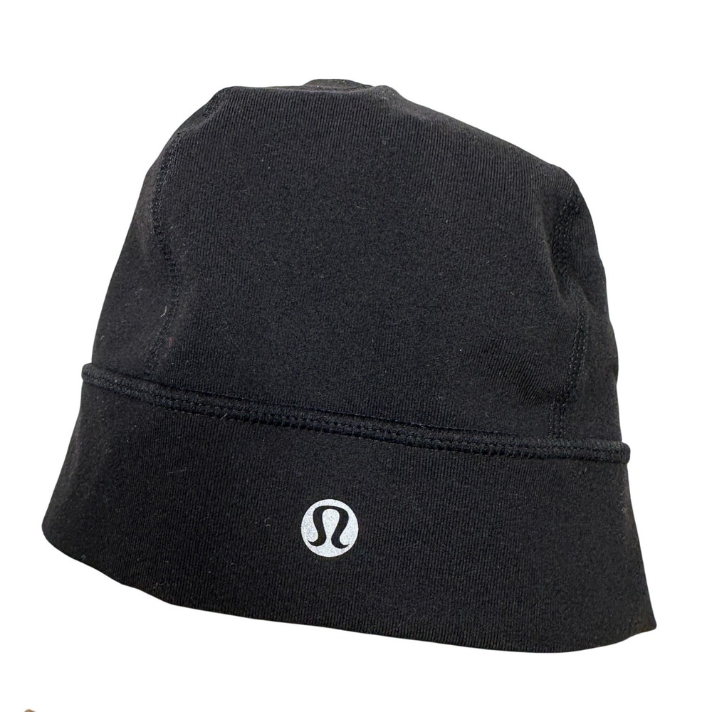 Lululemon Athletic Black Beanie Reflective Logo Running Hat Workout Winter